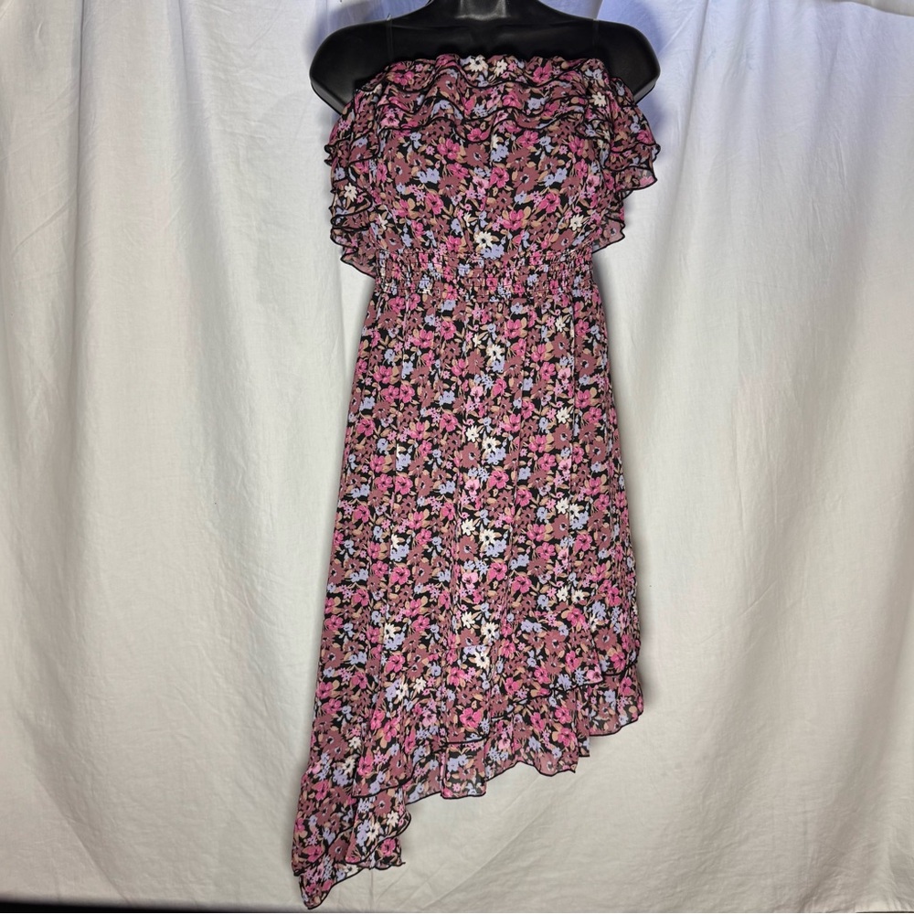 Emerald Sundae Floral Strapless Asymmetrical High Low Ruffle Dress Pink Large
